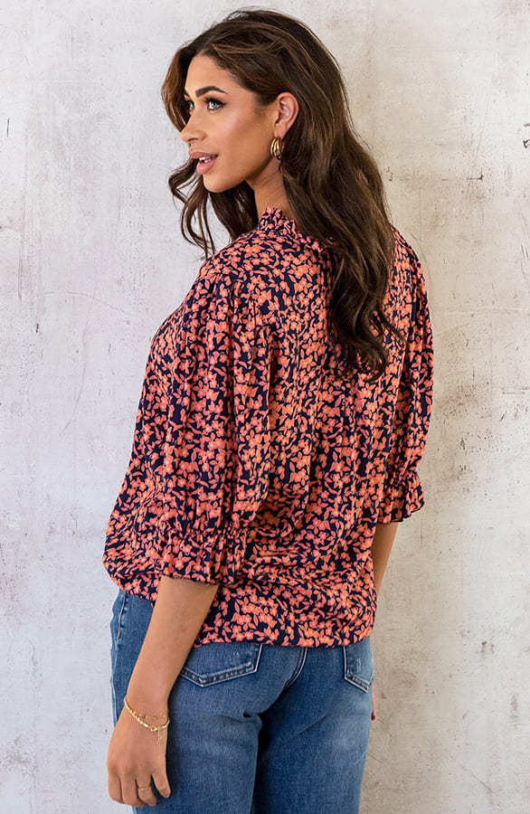 Katoenen Bloemen Print Blouse Marine Oranje – shoparchief, foto 10