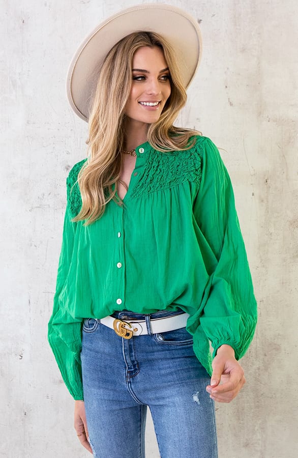 Katoenen Oversized Detail Blouse Bright Green – shoparchief, foto 2