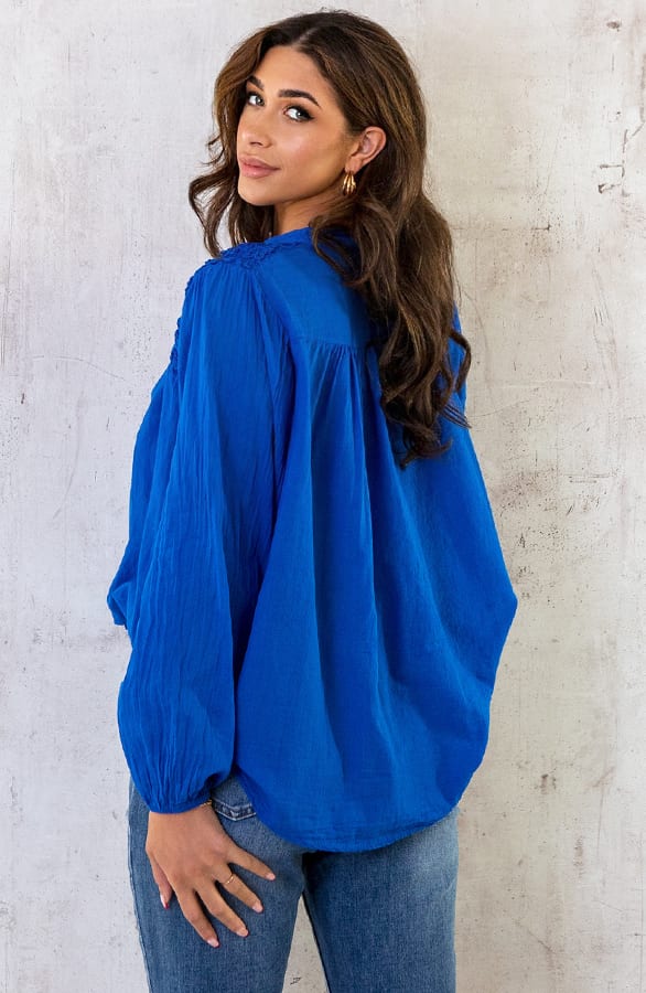 Katoenen Oversized Detail Blouse Kobalt – shoparchief, foto 5
