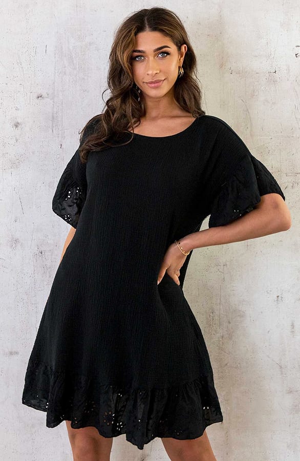 Mousseline Embroidery Oversized Jurk Zwart – shoparchief, foto 7