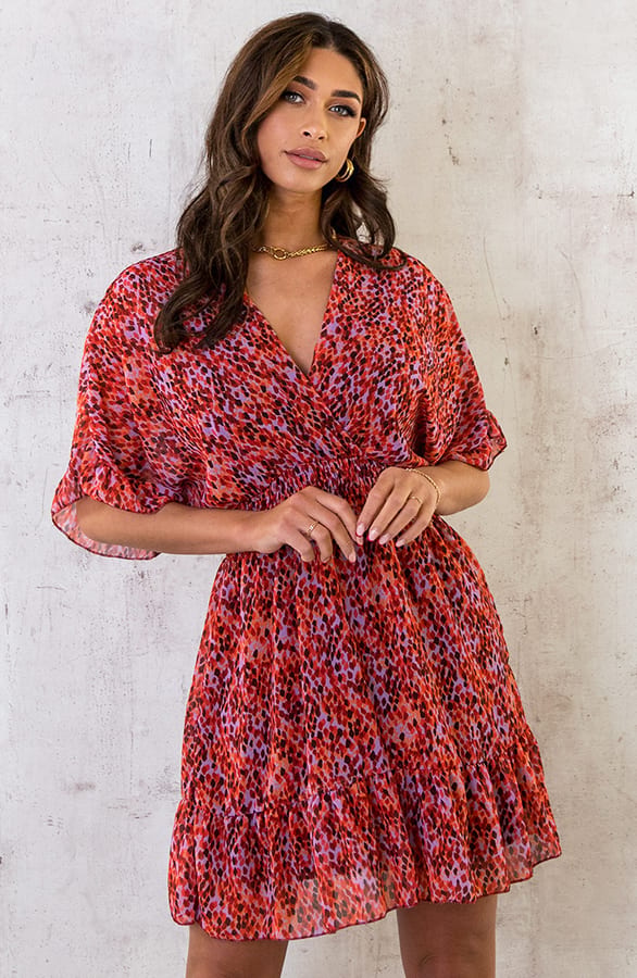 Ruffle Laagjes Jurk Print Roze Rood Lila – shoparchief, foto 9