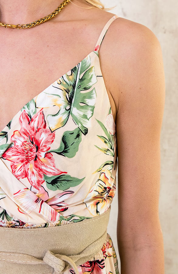 Spaghetti Maxi Jurk Bloemen Palm Beige – shoparchief, foto 6