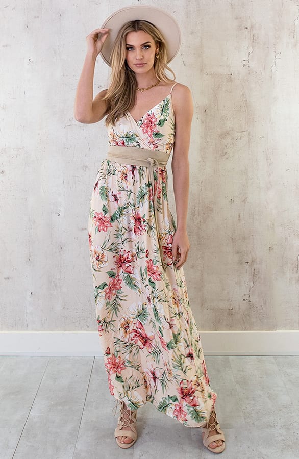 Spaghetti Maxi Jurk Bloemen Palm Beige – shoparchief, foto 3