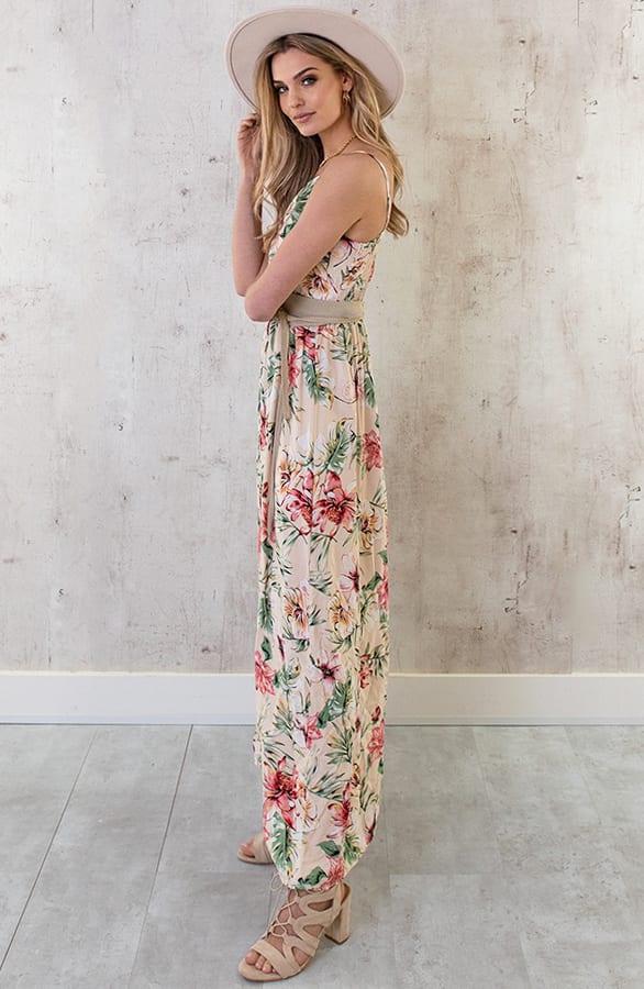 Spaghetti Maxi Jurk Bloemen Palm Beige – shoparchief, foto 4