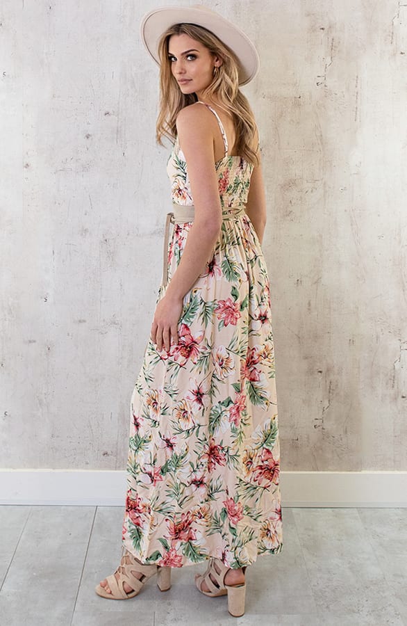 Spaghetti Maxi Jurk Bloemen Palm Beige – shoparchief, foto 5