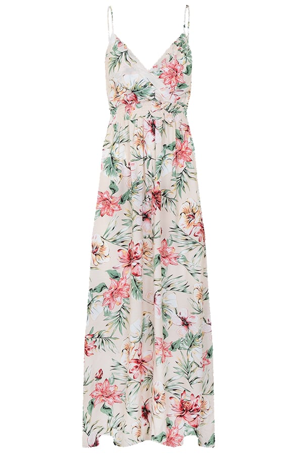 Spaghetti Maxi Jurk Bloemen Palm Beige – shoparchief, foto 1
