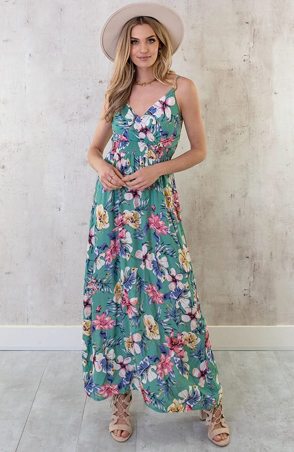 Spaghetti Maxi Jurk Bloemen Palm Mint – shoparchief, foto 3