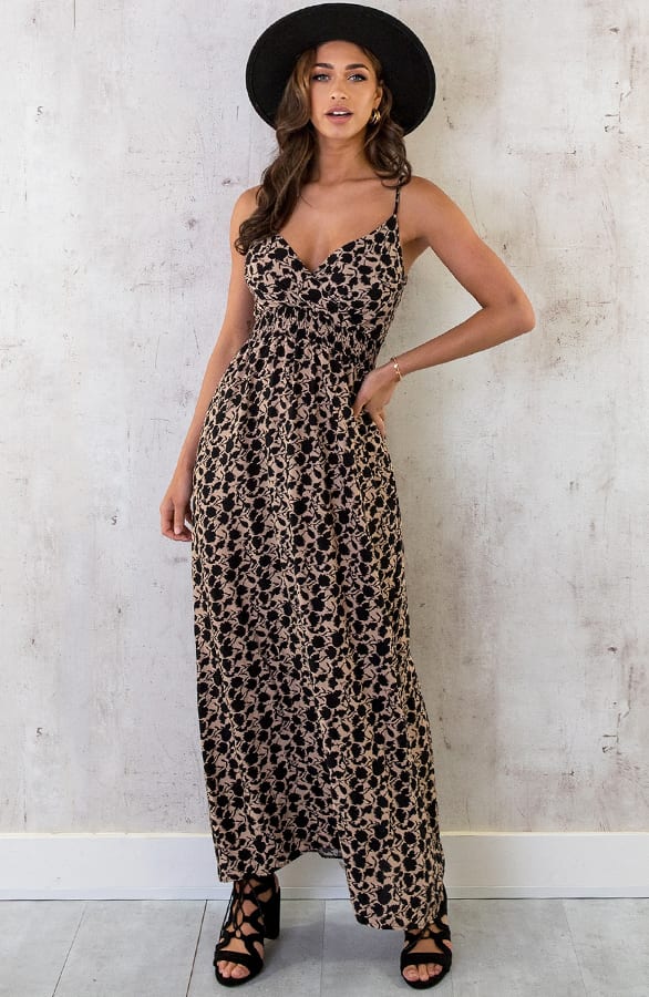 Spaghetti Maxi Jurk Print Camel Zwart – shoparchief, foto 4