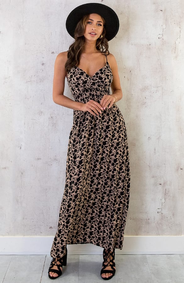 Spaghetti Maxi Jurk Print Camel Zwart – shoparchief, foto 3