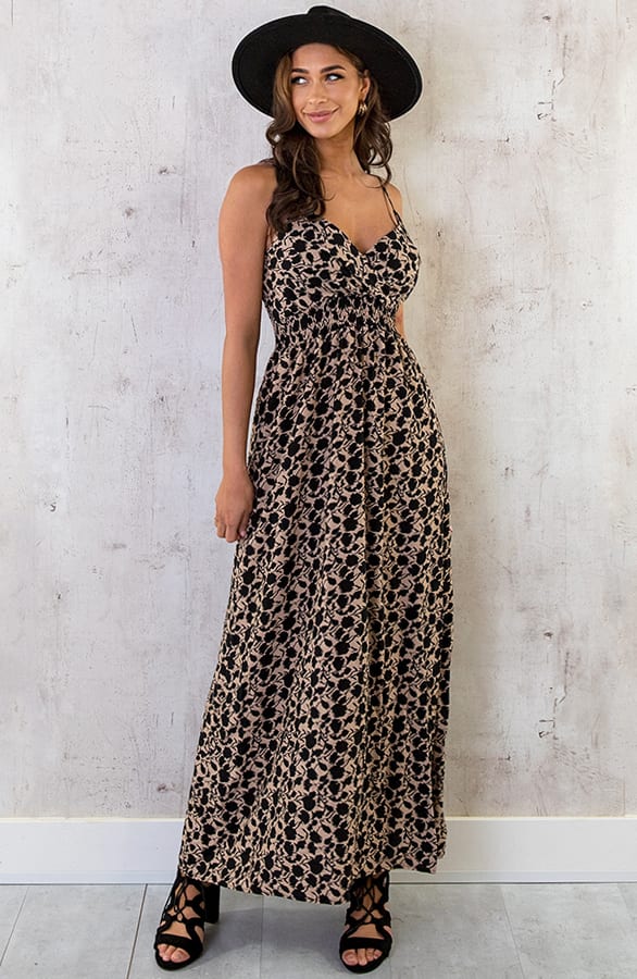 Spaghetti Maxi Jurk Print Camel Zwart – shoparchief, foto 1