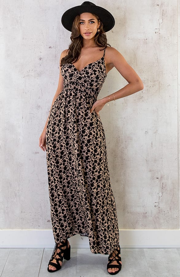 Spaghetti Maxi Jurk Print Camel Zwart – shoparchief, foto 2