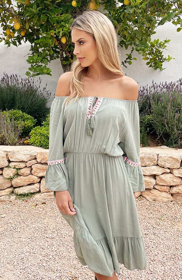 Boho Off Shoulder Jurk Army – shoparchief, foto 3
