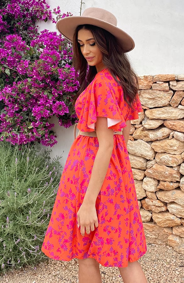 Florence Flower Print Jurk Oranje Paars – jurken, foto 6