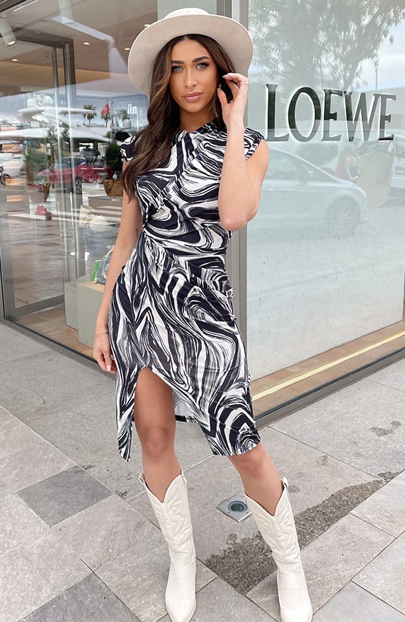 Midi Jurk Gedrapeerd Print Zwart Wit – shoparchief, foto 1