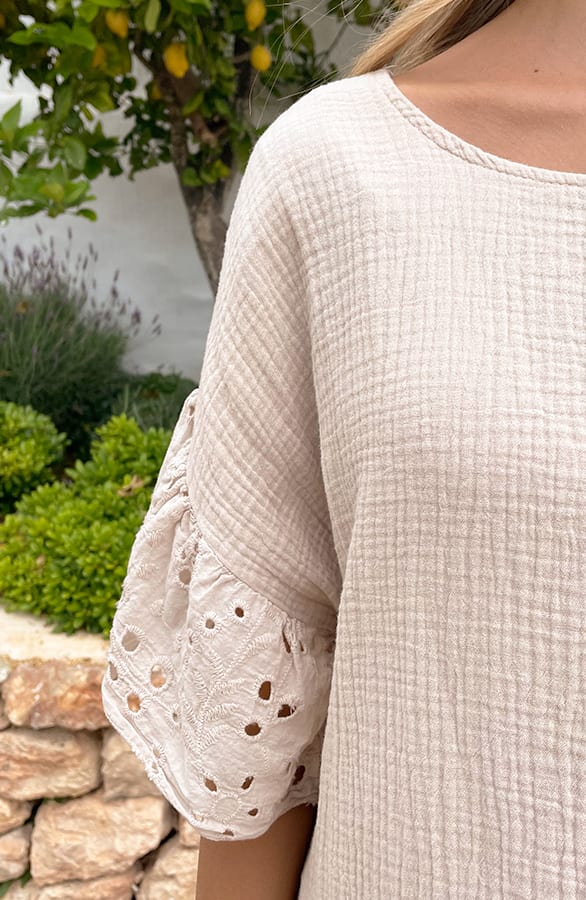 Mousseline Embroidery Oversized Jurk Beige – shoparchief, foto 4