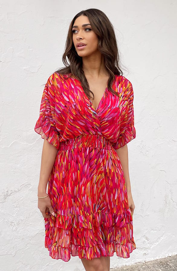 Ruffle Laagjes Jurk Print Rood Roze – shoparchief, foto 1