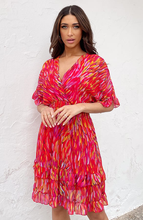 Ruffle Laagjes Jurk Print Rood Roze – shoparchief, foto 3