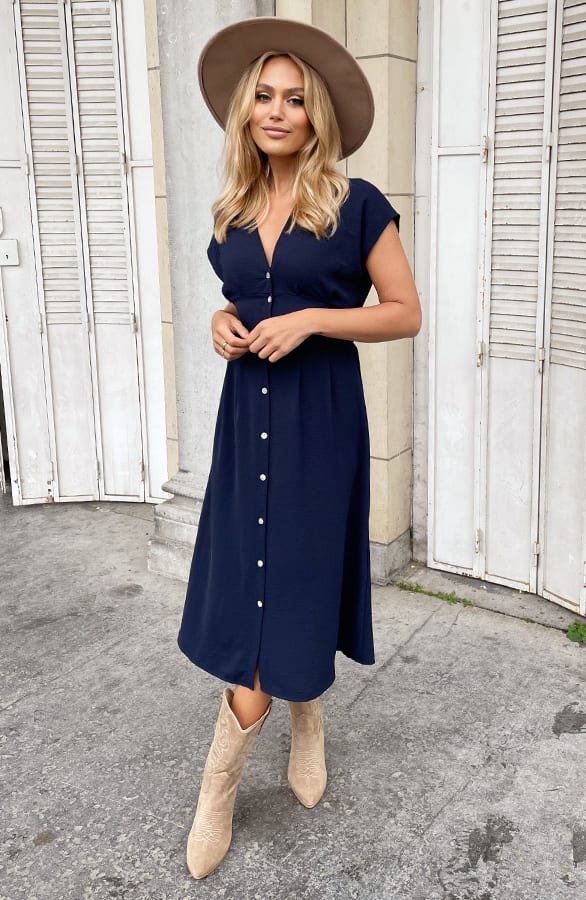 Midi Knopen Jurk Sevilla Marine – shoparchief, foto 3