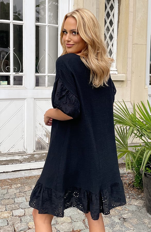 Mousseline Embroidery Oversized Jurk Zwart – shoparchief, foto 5