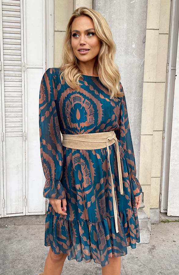 Ruffle Jurk Print Petrol Bruin – shoparchief, foto 1