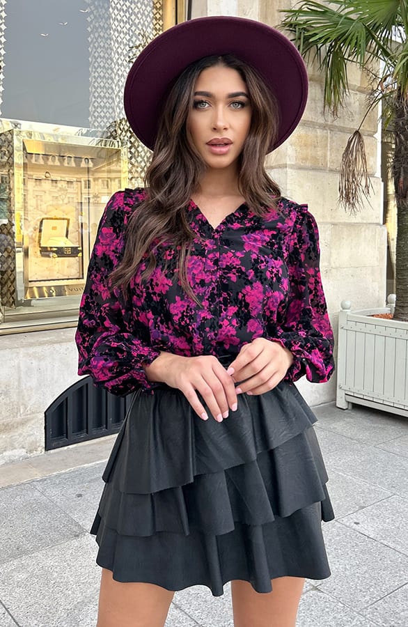 Flock V-Ausschnitt Bluse mit Puffärmeln Schwarz, Shoparchiv, Foto 3