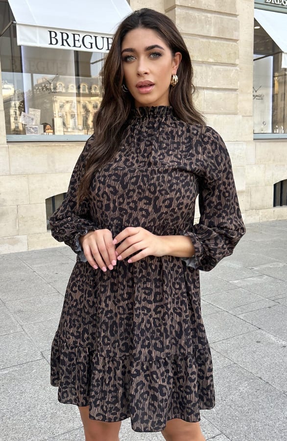 Leopard Ruffle Neck Jurk Camel – shoparchief, foto 1