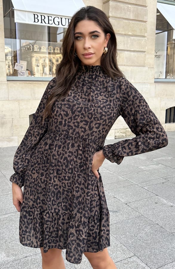 Leopard Ruffle Neck Jurk Camel – shoparchief, foto 3