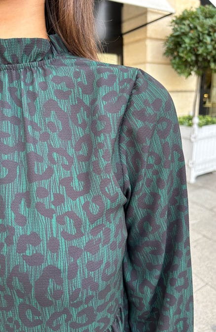 Leopard Ruffle Neck Jurk Smaragd – shoparchief, foto 5