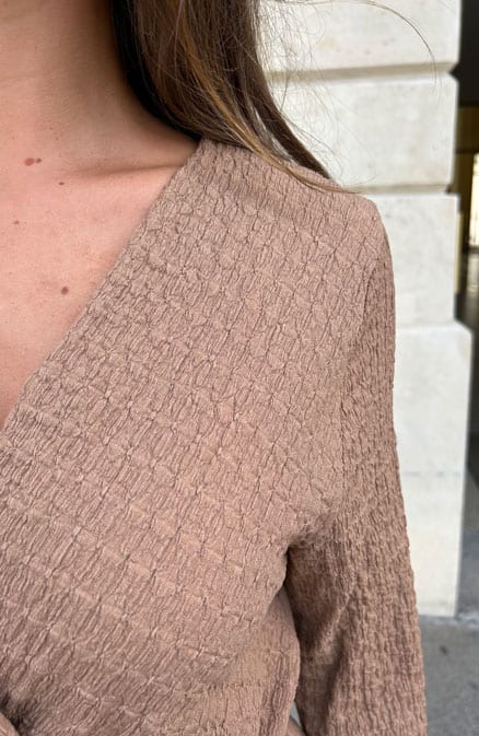 Maxi Jurk Smocked V-hals Camel – shoparchief, foto 6