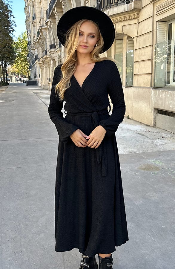 Maxi Jurk Smocked V-hals Zwart – shoparchief, foto 7