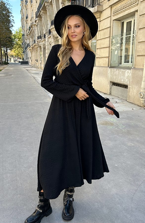 Maxi Jurk Smocked V-hals Zwart – shoparchief, foto 6