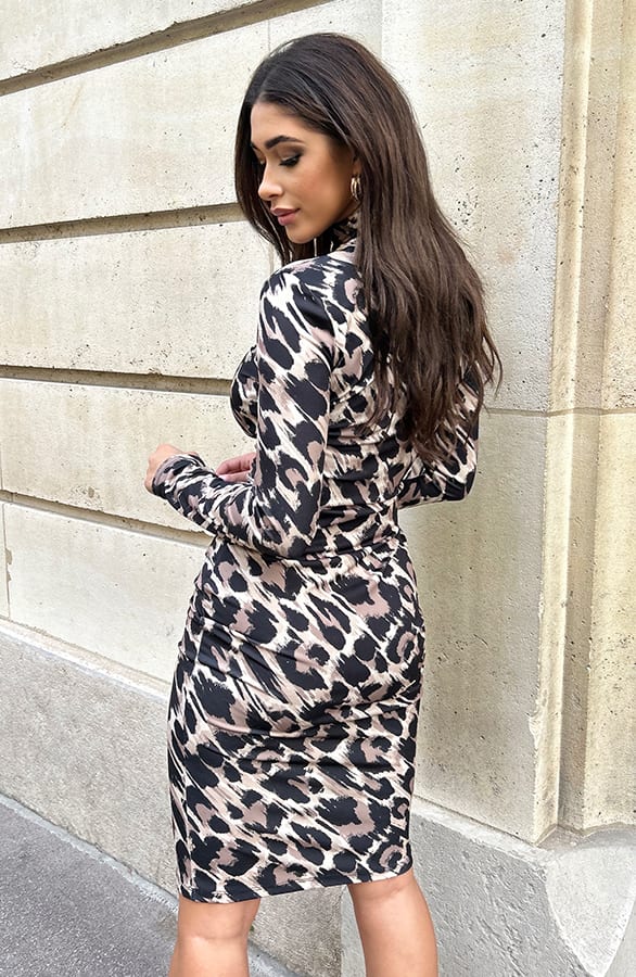 Midi Jurk Gedrapeerd Leopard Beige – shoparchief, foto 7