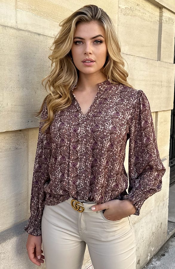 V-Hals Blouse Met Bloemenprint Taupe – shoparchief, foto 5