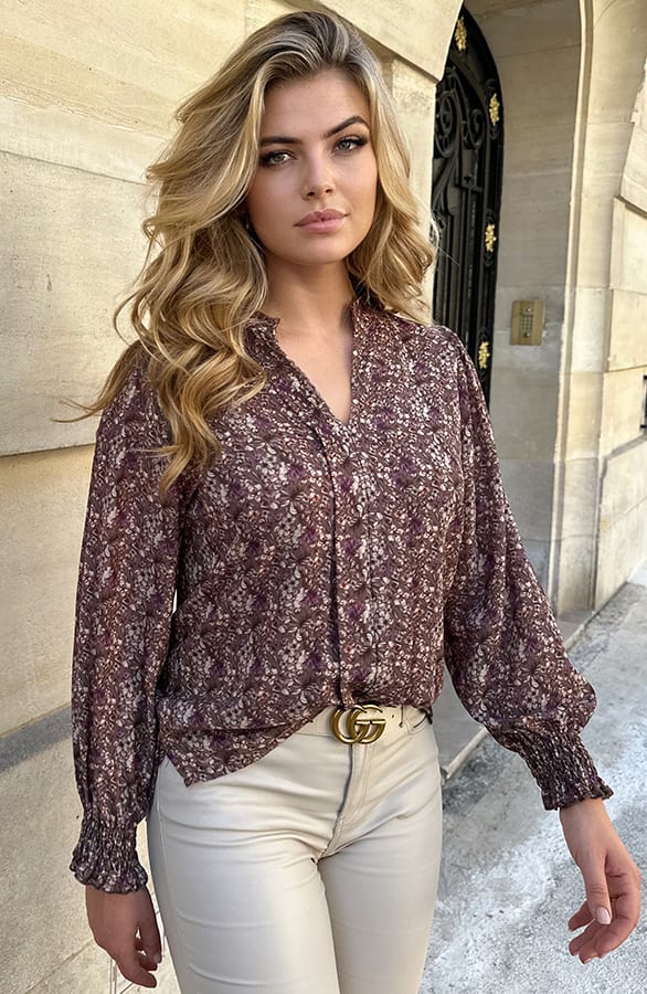 V-Hals Blouse Met Bloemenprint Taupe – shoparchief, foto 7