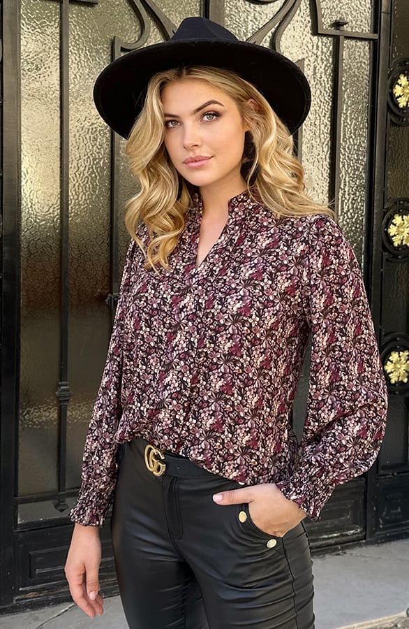 V-Ausschnitt Bluse mit Blumenprint Schwarz, Shoparchiv, Foto 1