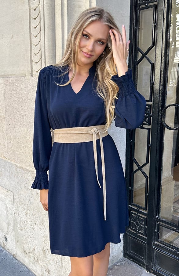 V-hals Jurk Met Schouderdetail Navy – shoparchief, foto 6