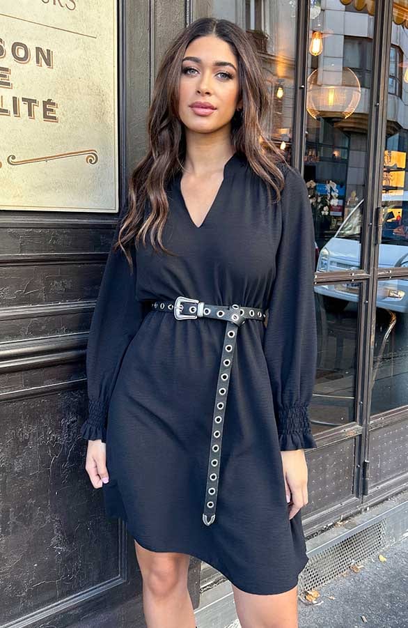 V-hals Jurk Met Schouderdetail Zwart – shoparchief, foto 8