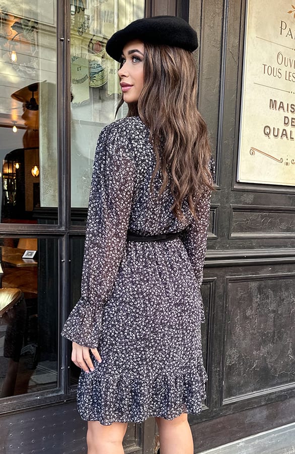 Flower Jurk Flared Mouw Zwart – shoparchief, foto 3