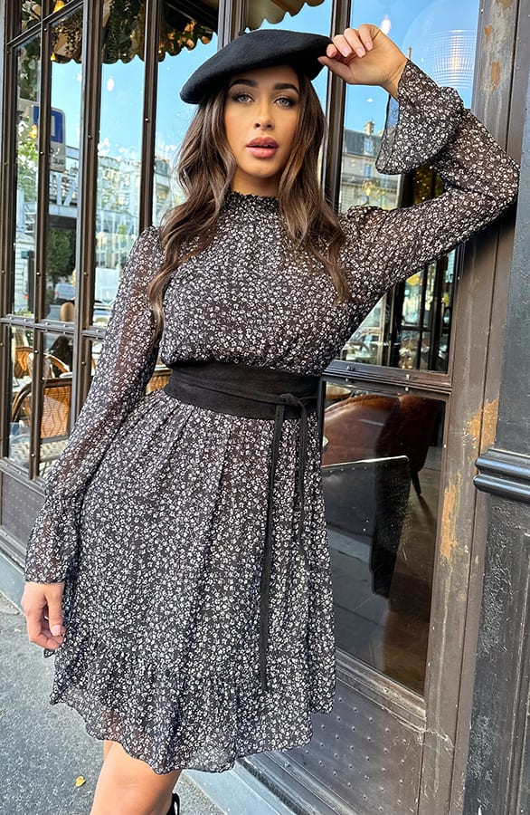 Flower Jurk Flared Mouw Zwart – shoparchief, foto 6