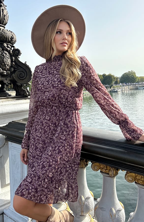 Flower Jurk Flared Mouw Mauve – shoparchief, foto 3