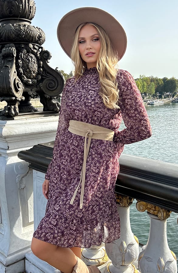 Flower Jurk Flared Mouw Mauve – shoparchief, foto 7