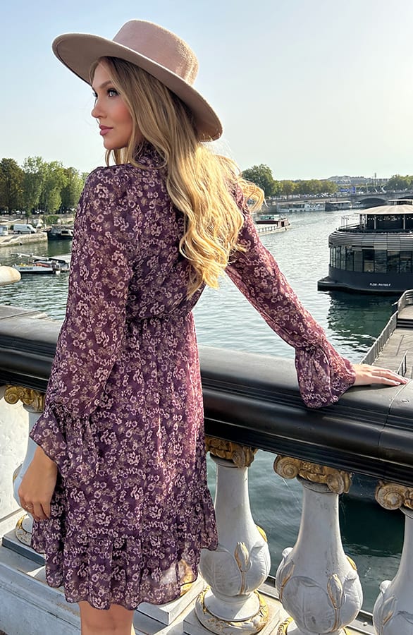 Flower Jurk Flared Mouw Mauve – shoparchief, foto 9