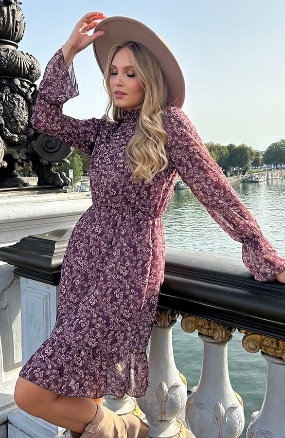 Flower Jurk Flared Mouw Mauve – shoparchief, foto 10