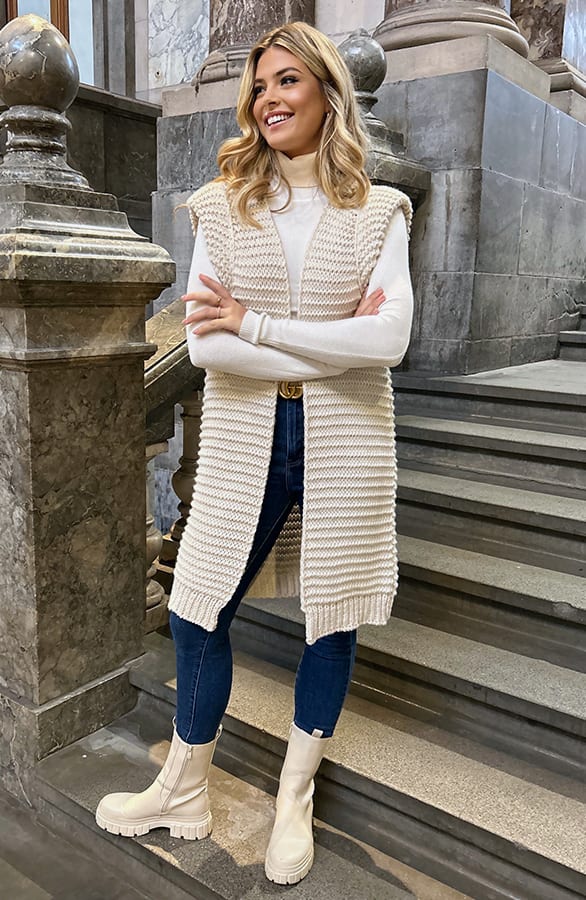 Gebreid Maxi Gilet Beige – vesten, foto 2