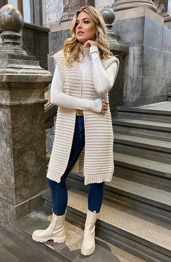 Gebreid Maxi Gilet Beige – vesten, foto 3