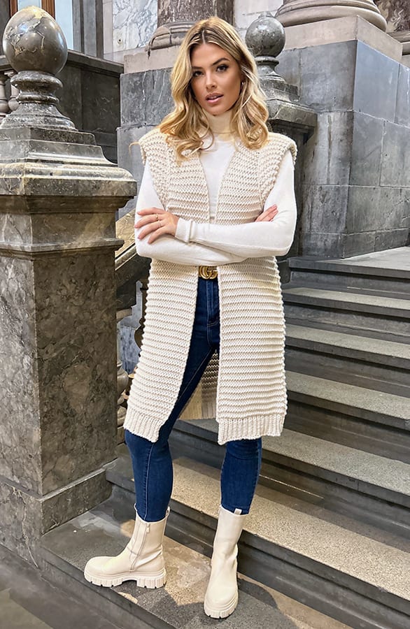 Gebreid Maxi Gilet Beige – vesten, foto 6