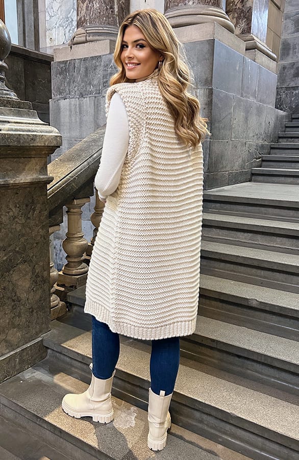 Gebreid Maxi Gilet Beige – vesten, foto 7
