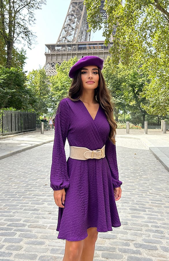Smocked Jurk V-Hals Dark Purple – shoparchief, foto 1