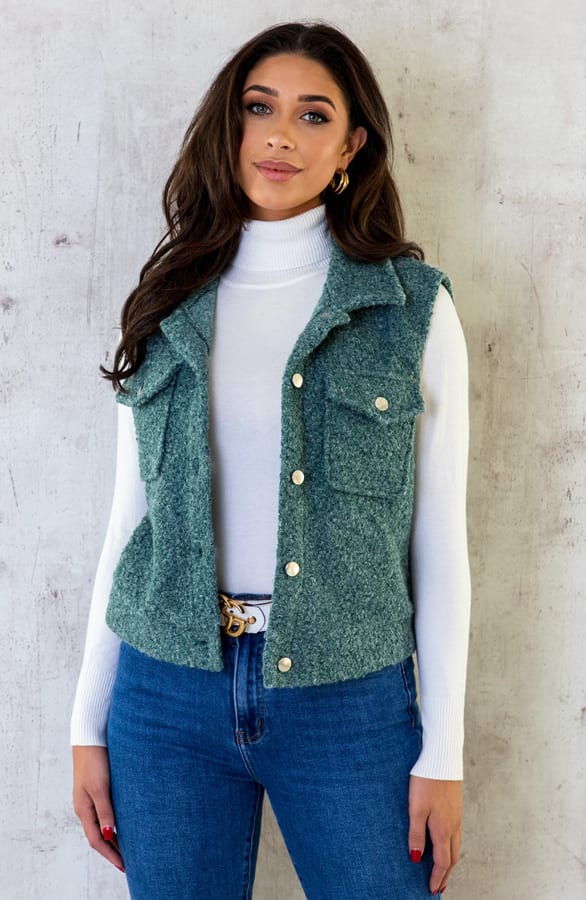 Bouclé Gilet Met Knopen Dust Mint – shoparchief, foto 1
