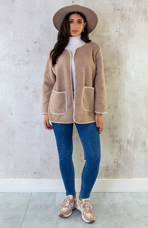 Bouclé Teddy Vest Detail Taupe – shoparchief, foto 4